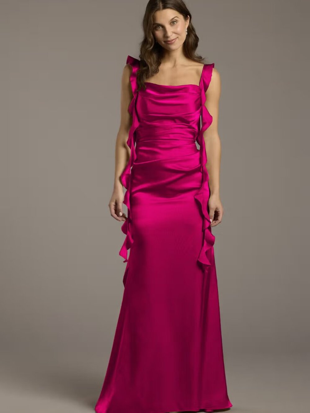 NWT David's Bridal Galina Charmeuse Ruffle Sheath Dress Berry Size 8